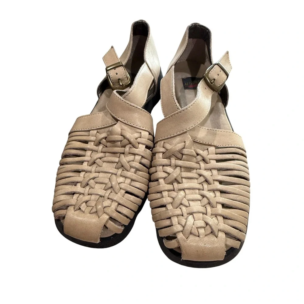 Aerosoles Vintage 90s Woven Leather Sandals Tan Beige Fisherman Flats Y2K 9